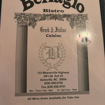 Bellagio Bistro - Front of the menu - Italian Near Me - Asheville, North Carolina Bellagio Bistro - Front of the menu - Italian Near Me - Asheville, North Carolina