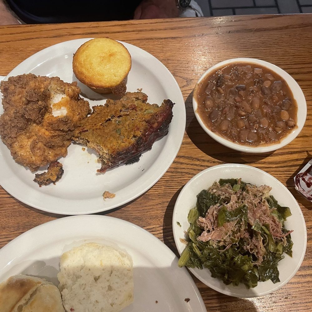 Cracker Barrel Old Country Store - My fiancé's half chicken and half meatloaf with a side of navy beans and Turnip Greens. - Breakfast & Brunch Near Me - Gainesville, Florida Cracker Barrel Old Country Store - My fiancé's half chicken and half meatloaf with a side of navy beans and Turnip Greens. - Breakfast & Brunch Near Me - Gainesville, Florida