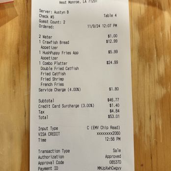 Dat Catfish Place - Service charge AND credit card charge AND $1 for 2 CUPS of water - Wine Bars Near Me - West Monroe, Louisiana Dat Catfish Place - Service charge AND credit card charge AND $1 for 2 CUPS of water - Wine Bars Near Me - West Monroe, Louisiana