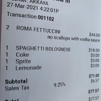 Roma - Receipt for 3 plates and 3 drinks - Italian Near Me - Menlo Park, California Roma - Receipt for 3 plates and 3 drinks - Italian Near Me - Menlo Park, California