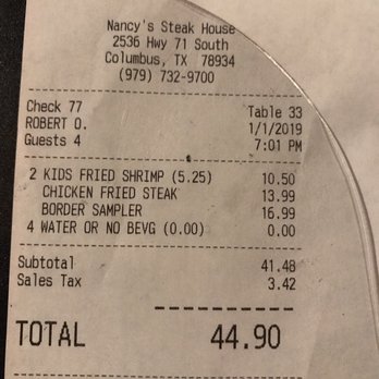 Nancy's Steak House - The check - Steakhouses Near Me - Columbus, Texas