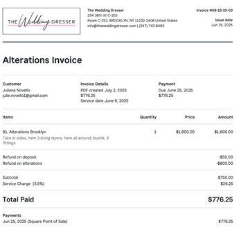 The Wedding Dresser - non itemized receipt from susan - Sewing & Alterations Near Me - Brooklyn, New York The Wedding Dresser - non itemized receipt from susan - Sewing & Alterations Near Me - Brooklyn, New York