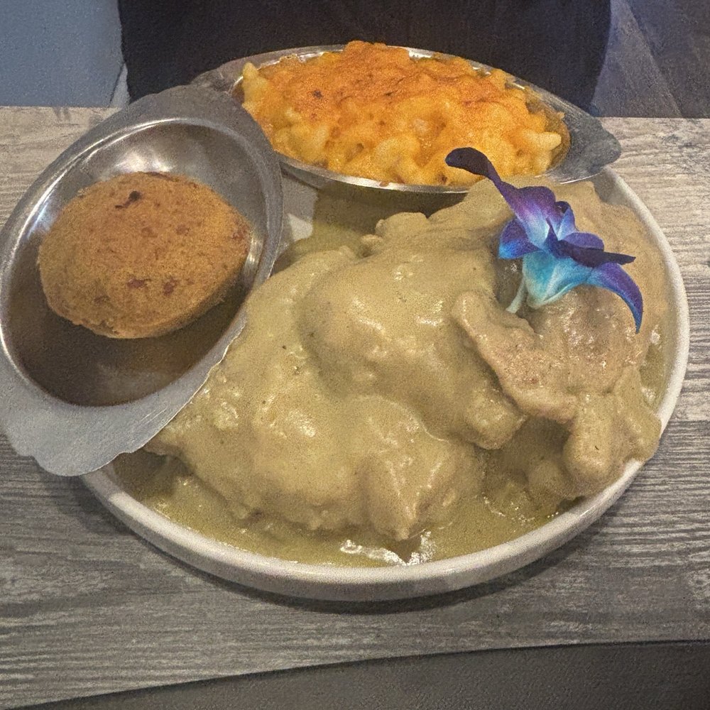 Sweet T's Southern Eatery - Deep-Fried Chicken (too much gravy) - stuffing and Baked Mac & Cheese (pretty good) - Soul Food Near Me - Montclair, New Jersey Sweet T's Southern Eatery - Deep-Fried Chicken (too much gravy) - stuffing and Baked Mac & Cheese (pretty good) - Soul Food Near Me - Montclair, New Jersey