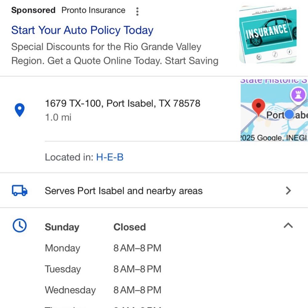 Pronto Insurance - Hours for location - Auto Insurance Near Me - Port Isabel, Texas