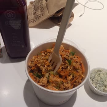Protein Bar & Kitchen - Buffalo chicken bowl, blue on the side, beetbox juice - New American Near Me - Chicago, Illinois Protein Bar & Kitchen - Buffalo chicken bowl, blue on the side, beetbox juice - New American Near Me - Chicago, Illinois