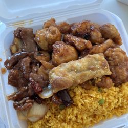 Oriental Cafe - Combo #3 with Fried Rice & Egg Roll, "spicy" beef and oriental chicken.