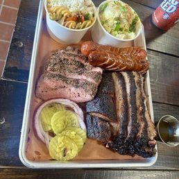 Tri-tip, Brisket, sausage, pasta salad & potato salad