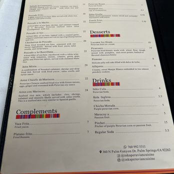 Inka Peruvian Cuisine - Menu - Peruvian Near Me - Palm Springs, California Inka Peruvian Cuisine - Menu - Peruvian Near Me - Palm Springs, California