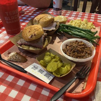 Terry Black's Barbecue - Turkey sandwich  Brisket sandwich  Corn bread Macaroni and cheese Green beans Pinto beans Pickles - Barbeque Near Me - Austin, Texas