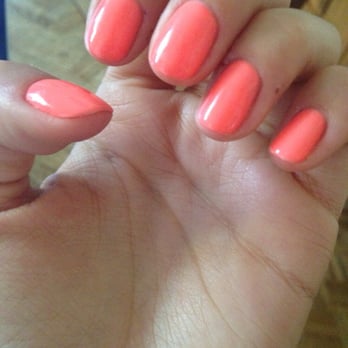 Friendly Nails and Spa - Orange/Peach Gel. Very bright and fun, received so many compliments :) - Nail Salons Near Me - La Mirada, California