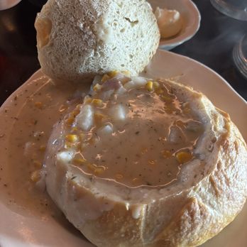 The Hawk's Head - corn chowder in bread bowl - American Near Me - Yucaipa, California