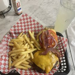 Highway 217 Cafe and Grill - Bacon Cheeseburger, open faced. With fries.