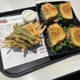 Chicken Clubs and half fries and half tempura green beans! Chicken Clubs and half fries and half tempura green beans!