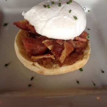 Central Social Hall - Oil Country Benny with Italian sausage, bacon, caramelized onions on English muffin. No poblano white cheddar sauce on mine - Gastropubs Near Me - Edmonton, Alberta