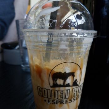 Golden Rush Espresso - Caramel frappe with extra caramel - Coffee & Tea Near Me - Yreka, California Golden Rush Espresso - Caramel frappe with extra caramel - Coffee & Tea Near Me - Yreka, California