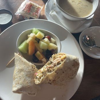 Verrado Grille - Mahi wrap with fresh fruit side, bowl of clam chowder. - American Near Me - Buckeye, Arizona