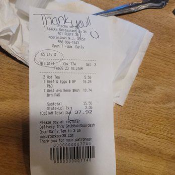 Stacks Restaurant on 38 - February 2023. Party of 2. Service was fast and friendly. Place was clean - American Near Me - Moorestown, New Jersey Stacks Restaurant on 38 - February 2023. Party of 2. Service was fast and friendly. Place was clean - American Near Me - Moorestown, New Jersey