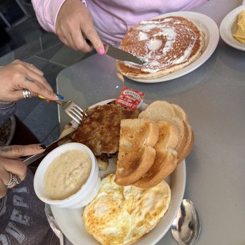 Cafe 222 - Chicken Fried Steak and Eggs with one pancake (gravy was requested on the side) - Breakfast & Brunch Near Me - San Diego, California