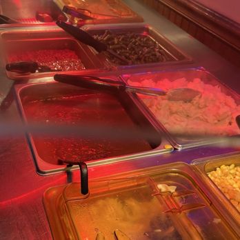 Ron's Roost - Hot Bar, (top) fried chicken, sauerkraut, sausage, canned: green beans, baked beans, instant mashed potatoes, gravy, corn, noodles - Burgers Near Me - Cincinnati, Ohio