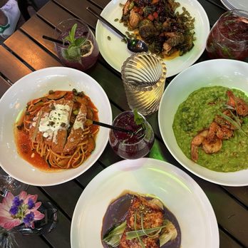Benchmark - Crispy Chicken Linguine, Roasted Sweet Potatoes + Brussels Sprouts, Miso Glazed Salmon, and Shrimp + Broccoli Risotto - New American Near Me - Santa Ana, California