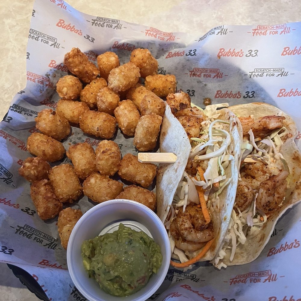 Bubba's 33 - Grilled Shrimp Tacos with tots. Very good. Will order again. - Pizza Near Me - Oklahoma City, Oklahoma