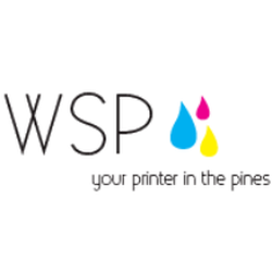 Whistle Stop Press - "WSP" in black with three drops, one in each of the colors-cyan, magenta, and yellow; with the tagline reading: "your printer...