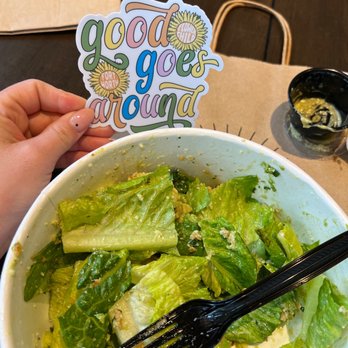 Flower Child - Shrimp Caesar salad & a sticker that was in our bag! - Salad Near Me - Fort Worth, Texas