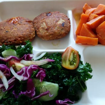 The Greenery Cafe - Salmon cakes with sweet potato yams and kale salad - Salad Near Me - Lihue, Hawaii The Greenery Cafe - Salmon cakes with sweet potato yams and kale salad - Salad Near Me - Lihue, Hawaii