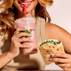 Robeks Fresh Juices & Smoothies - Our fan favorite Strawnana Berry Smoothie goes perfectly with a Spinach & Egg Folded Flatbread.