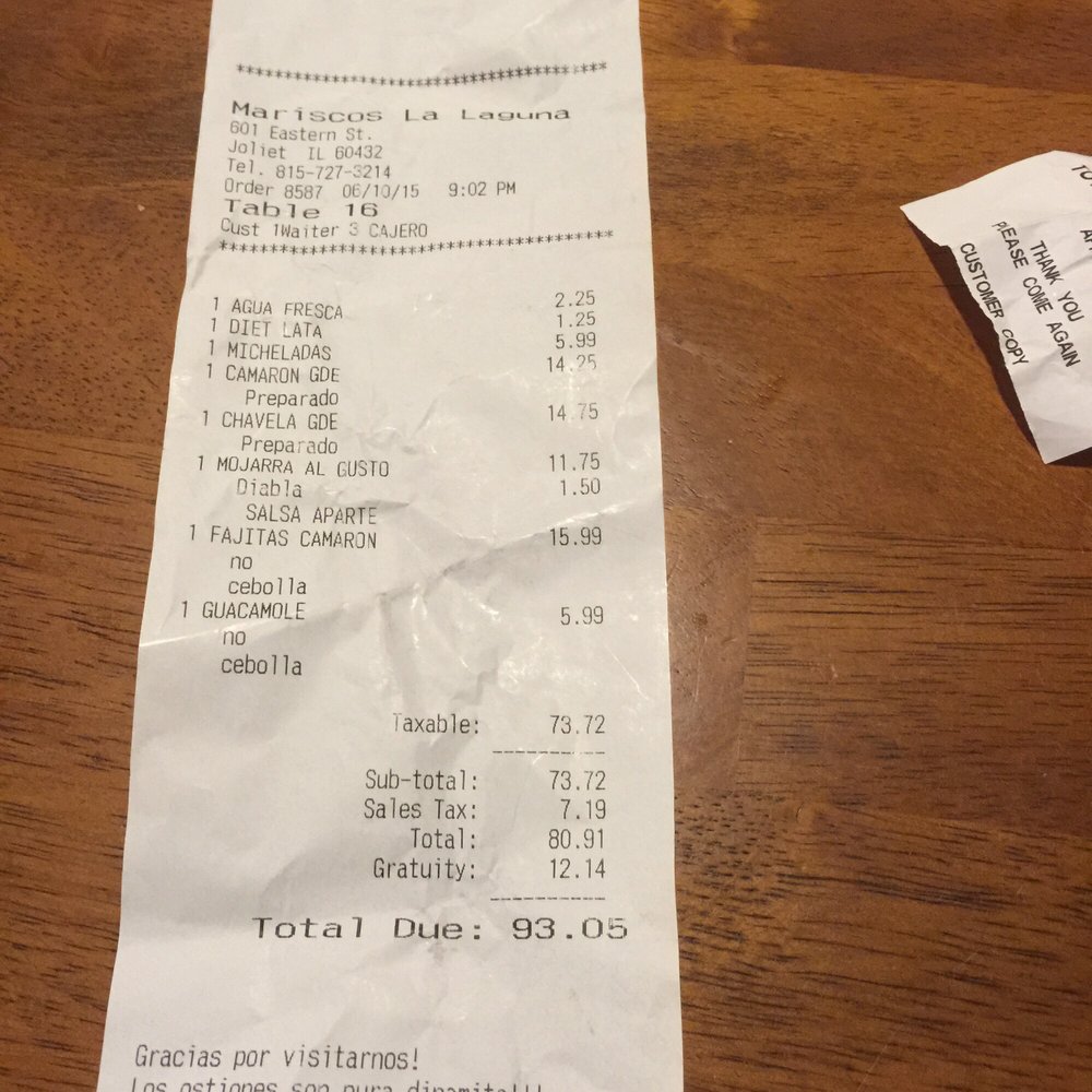 Mariscos La Laguna - Bill :( 12 $ gratuity four 4 people? Sketchy - Mexican Near Me - Joliet, Illinois Mariscos La Laguna - Bill :( 12 $ gratuity four 4 people? Sketchy - Mexican Near Me - Joliet, Illinois