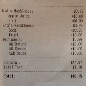Cubby's - Receipt. 2 kids meals and one portobello sandwich. Dinner for me and 2 children. - Sandwiches Near Me - American Fork, Utah