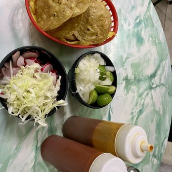 Pozoleria Doña Maria - Tortillas, onions & line, radishes & lettuce, and hot sauces - Mexican Near Me - Tijuana, BCN Pozoleria Doña Maria - Tortillas, onions & line, radishes & lettuce, and hot sauces - Mexican Near Me - Tijuana, BCN