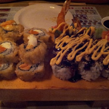 Tomo Sushi - Buccaneer roll on the right, tempura bagel on left. - Sushi Bars Near Me - Tampa, Florida Tomo Sushi - Buccaneer roll on the right, tempura bagel on left. - Sushi Bars Near Me - Tampa, Florida