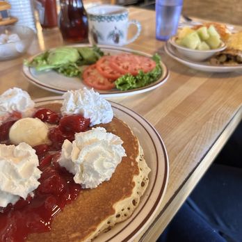 Bert's Cafe - Short stack pancakes with strawberry compote and whipped cream. - Breakfast & Brunch Near Me - South Lake Tahoe, California Bert's Cafe - Short stack pancakes with strawberry compote and whipped cream. - Breakfast & Brunch Near Me - South Lake Tahoe, California