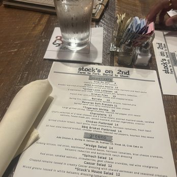 Stock's on Second - Menu + waters already waiting when we arrived. (Reservation was made ) - New American Near Me - Harrisburg, Pennsylvania