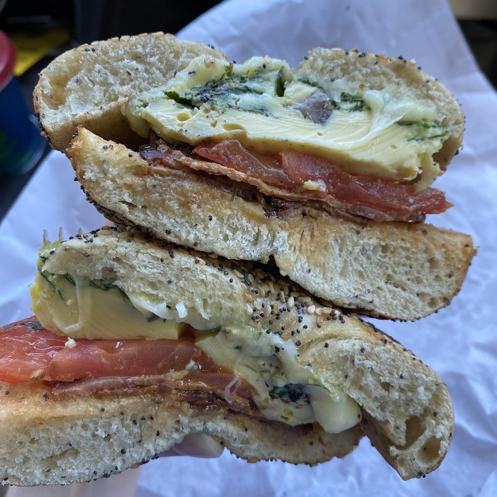 Kickstand Cafe - Deluxe egg sandwich with bacon on everything bagel - Cafes Near Me - Arlington, Massachusetts