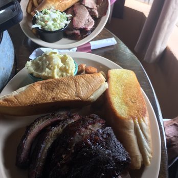 Smoking Barrels BBQ - St. Louis - Beef brisket sandwich with coleslaw; 2 Meat Combo Dinner: Ribs a la Carte and Beef Brisket a la Carte with Potato Salad and Fried Okra - Barbeque Near Me - St. Louis, Missouri