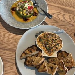 spicy crab dip and scallop ceviche