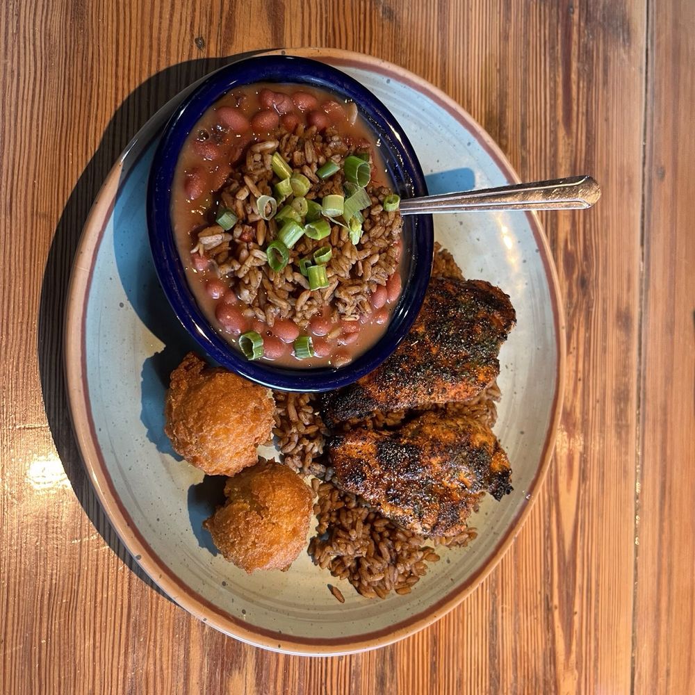 Strickland’s Seafood Restaurant - Blackened chicken breast with Cajun Red Beans & Rice and hush puppies - Seafood Near Me - Paducah, Kentucky