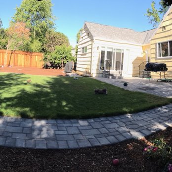 Contractors Central - Backyard Los Altos Installed walkway, patios, sod, flower beds, mulch, trimmed and removed trees. Rory the dog, construction supervisor! - Landscaping Near Me