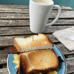 PLG Coffee House and Tavern - BEC Burrito on gluten free bread and latte