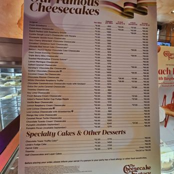 The Cheesecake Factory - Menu and pricing for slices and entire cake orders - Desserts Near Me - Indianapolis, Indiana The Cheesecake Factory - Menu and pricing for slices and entire cake orders - Desserts Near Me - Indianapolis, Indiana