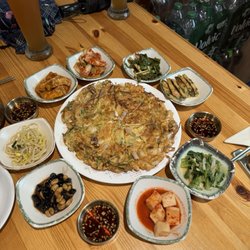 Mr. Lee - Haemul pajeon in the middle and banchans