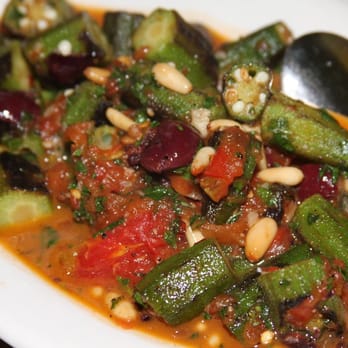 Gjelina - Charred Okra with Black Olive, Tomato, Pinenuts & Mint - New American Near Me - Venice, California Gjelina - Charred Okra with Black Olive, Tomato, Pinenuts & Mint - New American Near Me - Venice, California