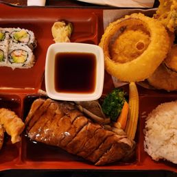 Teriyaki steak and veg tempura bento Teriyaki steak and veg tempura bento