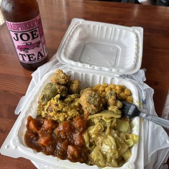 Soul Veg City - Clockwise... Mac n cheese, fried broccoli on top, rice with the chickpea curry on top, cabbage, and sweet potatoes. Joe tea. - Vegetarian Near Me - Chicago, Illinois Soul Veg City - Clockwise... Mac n cheese, fried broccoli on top, rice with the chickpea curry on top, cabbage, and sweet potatoes. Joe tea. - Vegetarian Near Me - Chicago, Illinois