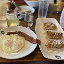 Berries & Batter - Eggs over easy, bacon, cinnamon roll French toast