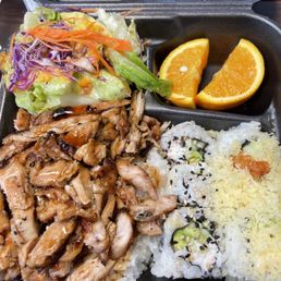 Combo plate with teriyaki chicken, California roll and church roll Combo plate with teriyaki chicken, California roll and church roll
