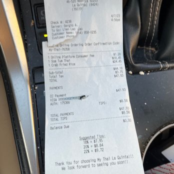 My Thai - a receipt in the passenger seat of a car - Thai Near Me - La Quinta, California
