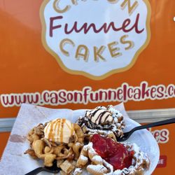 Cason Funnel Cakes - Funnel Cake Flight: Cinnamon Toast with ice cream, Cookies & Cream with ice cream, O'Jees Strawberry